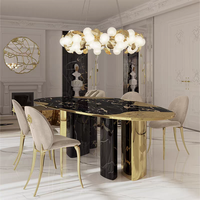 Table à manger ovale de luxe, design moderne, plateau en marbre naturel, acier inoxydable doré, grande table de dîner pour hôtel et projet de club