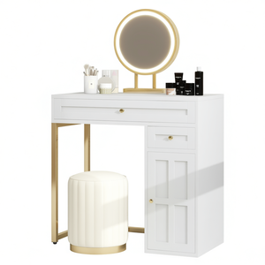 Tocador de maquillaje de lujo en oro blanco con espejo iluminado, 2 cajones, 1 gabinete, mesa de tocador moderna para dormitorio - Product Image 1