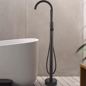Sistema de ducha independiente de latón negro mate con grifería de cerámica para suelo, mezclador de bañera, grifo, barra deslizante, 1 manija y rociador suave - Product Image 4