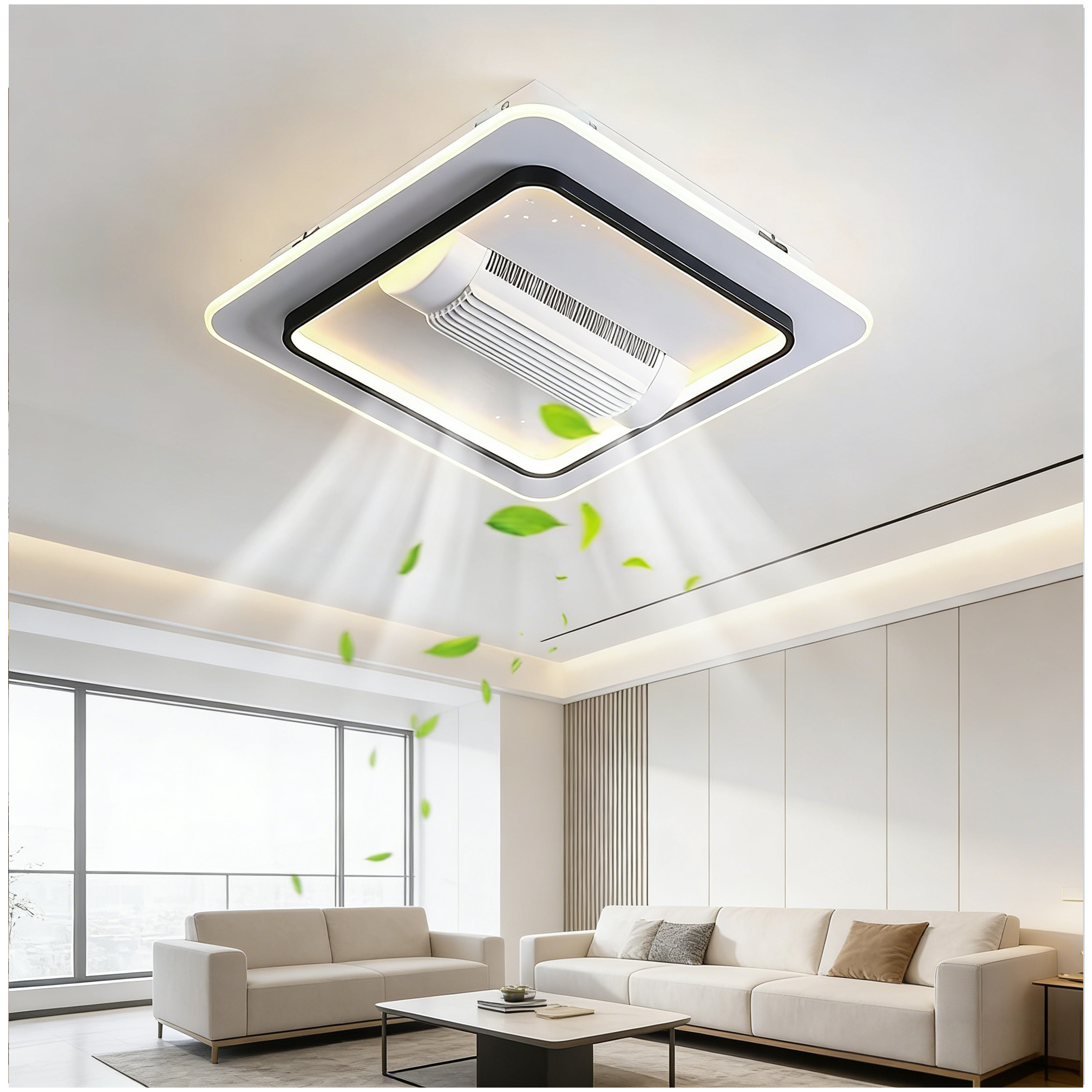 Modern Square LED Ceiling Fan Light Silent Ventilator Adjustable Wind Speed Bedroom Living Room Home