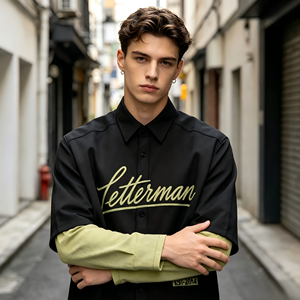Factory Bulk Custom Contrast Splicing Fake Two <b>Layer</b> Shirt Custom Brand Embroidery Graphic High Quality Lightweight Woven <b>Top</b> - Product Image 4
