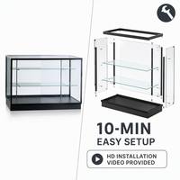 Vitrine de Comptoir Robuste en Aluminium Noir avec Verre Stratifié, Étagères en Verre Trempé et Base en Mélamine pour le Commerce de Détail