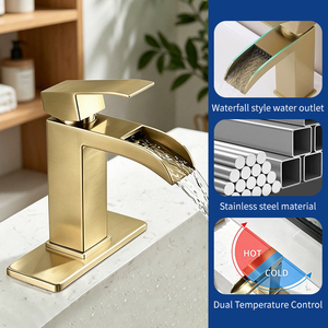 Robinet de lavabo cascade tendance <span class=keywords><strong>TikTok</strong></span> - Acier inoxydable 304, céramique, noir mat, finitions or brossé de luxe, économie d'eau - Product Image 1