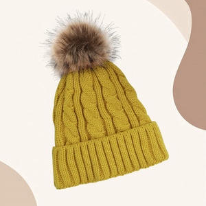 Cable Knit Pom Pom Hat Red Winter Warm Windproof Unisex Foldable 56-58CM Solid Color Twisted Pattern - Product Image 2