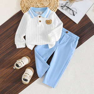 Ensemble haut côtelé à revers colorblock et pantalon uni pour bébé et tout-petit, style Preppy Bear, vêtements pour enfants multicolores, directement de l'usine, faible MOQ - Product Image 1