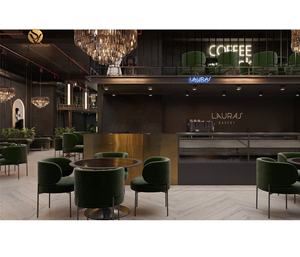 Plan de Diseño Interior de Cafetería Elegante, Mostrador Dorado para Exhibición de Pasteles, Conjunto de Comedor Moderno para Cafetería y Restaurante, Sillón de Terciopelo - Product Image 1