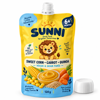 Pochette souple refermable personnalisée pour aliments pour bébés, végétalienne, sans produits laitiers, avec bec verseur et fermeture éclair, 120g, maïs sucré, carotte, quinoa, légumes, céréales