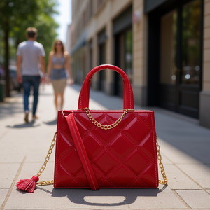 Bolso Bandolera Rojo Juvenil Fana, Acolchado con Patrón Geométrico, Cierre de Cremallera, Borla, Bolso de Hombro para Mujer, Uso Diario, Todas las Temporadas - Product Image 2