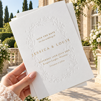 Cartes de mariage personnalisées « Save the Date » en papier coton blanc, motif floral gaufré, vente en gros, fabricant OEM, fournisseur d'usine, design élégant