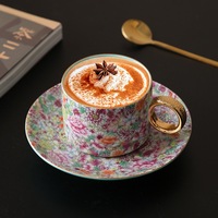 Service à thé floral romantique, motif Millefleurs rose avec intérieur bleu Tiffany, tasse et soucoupe à anse dorée, coffret cadeau de luxe