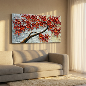 Peinture à l'huile abstraite à texture épaisse, motif <span class=keywords><strong>arbre</strong></span> à monnaie et fleurs, 100% peinte à la main, art mural 3D rouge sur toile - Product Image 2