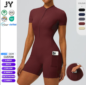 JY 2026 New Summer Yoga <strong>Jumpsuit</strong> <strong>for</strong> <strong>Women</strong> Half Zip <strong>Short</strong> Sleeve One Piece Workout Romper Side Pocket Stretchy Athletic Bodysuit - Product Image 1