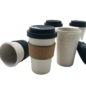 Reusable natural bamboo Tea coffee travel mugs with drinking holes, Eco friendly Fiber bamboo travel cup, PP wheat straw Glasses