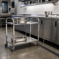 Chariot utilitaire double niveau de qualité commerciale, chariot de rangement alimentaire en acier inoxydable 201 finition polie, capacité 50 kg/étagère, 4 roulettes pivotantes