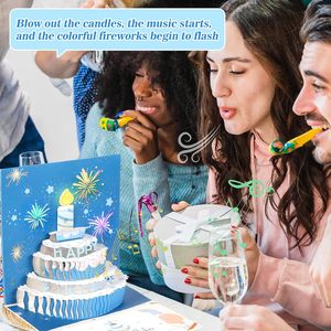 Pop Up anniversaire cartes de voeux avec enveloppe 3D joyeux anniversaire cartes-cadeaux gâteau bougies feu d'artifice lumière LED musique bricolage numéros - Product Image 3