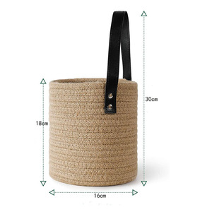 Cotton Rope Woven <b>Basket</b> Round <b>Wall</b> Mounted <b>Storage</b> <b>Basket</b> With Leather Strap <b>For</b> Home Decor And Organization - Product Image 2