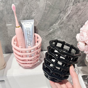 Ceramic Woven <b>Storage</b> <b>Basket</b> Round Bathroom Cosmetic Organizer For Toothbrush Toothpaste Makeup Desktop Living Room <b>Storage</b> - Product Image 5