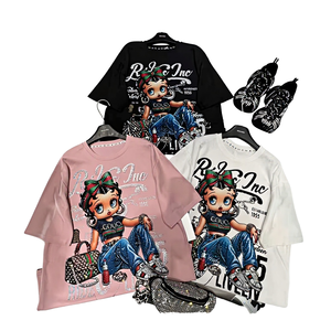 100% Cotton Women's Summer Long O-Neck Knitted 200g Bling Bling Fashion T-Shirt Breathable Loose Fit Cartoon <b>Rhinestones</b> Diamond - Product Image 1