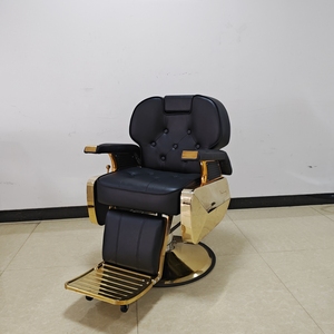 Sillón de Barbería Moderno de Cuero Sintético Negro con Estructura Metálica Dorada, Altura Ajustable, Bomba Hidráulica y Base Redonda, Mueble de Salón - Product Image 1