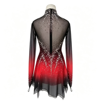 Robe de patinage artistique à dégradé noir et rouge avec strass, col montant, manches longues, en maille, pour compétition et spectacle sur glace, pour adultes et enfants