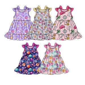 Vestido sin Mangas hasta la Rodilla de Tela de Bambú con Cuello Redondo, Venta Caliente, ODM, Boutique Dulce, Estampado Personalizado, Verano, Niñas, con Volantes, para Fiestas y Uso Diario - Product Image 1