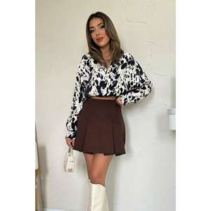 Falda Corta Plisada de Satén Marrón de Cintura Alta para Mujer, Brillante, 100% Poliéster - Product Image 2