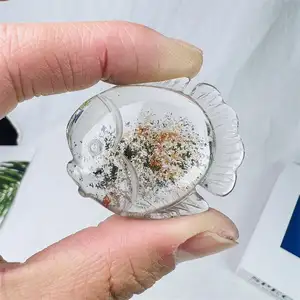 天然高品质疗愈花园石英水晶动物鱼雕刻抛光幻影石英水晶金鱼冥想