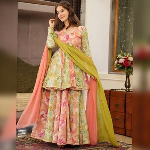 Último diseñador Heavy Georgette Sequence Work Vestido largo Wedding Party Wear Top Sharara con Dupatta para mujeres y niñas - Product Image 6