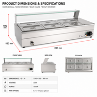 Gewerblicher Speisenwärmer mit 6 Behältern, Elektrisches Bain-Marie aus Edelstahl, Suppenwärmer mit Glas-Spuckschutz für Buffet und Restaurant