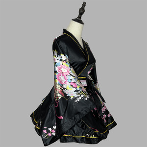 Robe <span class=keywords><strong>kimono</strong></span> courte de style <span class=keywords><strong>japonais</strong></span> pour femmes, imprimé floral <span class=keywords><strong>noir</strong></span>, costume de cosplay pour fête d'Halloween - Product Image 2