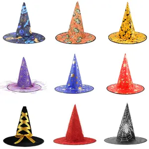 Halloween Witch Party Glow Spooky Decoration Curved Horn Mesh Pumpkin Print Wizard Witch Hat