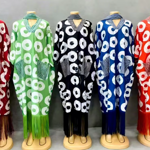 Nouvelles Robes Décontractées en Coton Imprimé Floral Africain Grande Taille Hiver Automne Col V Strass Pompon Turban Longueur <span class=keywords><strong>Cheville</strong></span> Courtes - Product Image 1