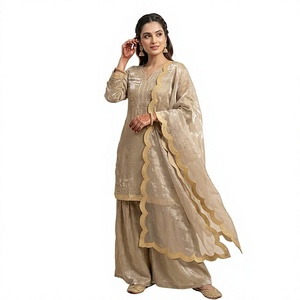 Ensemble Salwar Kameez beige brodé, costume traditionnel indien pakistanais, dupatta en filet, tenue de mariage et de fête - Product Image 1