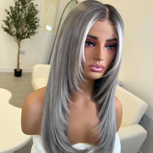 Peluca de Cabello Humano con Frente de Encaje, Color Gris Plateado con Reflejos en la Parte Delantera, Ondulado Natural, Cabello Remy Pre-Depilado, Nudos Pequeños, Liso, Transparente - Product Image 2