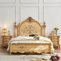 Lit à baldaquin JINS en bois massif peint à la main, doré, style vintage français, taille Queen, chambre principale, luxe, royal, romantique, classique