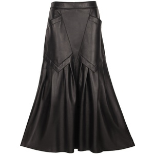 Women's <strong>Black</strong> Genuine Leather Maxi <strong>Skirt</strong> - Geometric Panel Pleated <strong>Pocket</strong> Detail Office Wear - Product Image 3