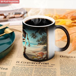 Tasse créative à révélation de chaleur, noire givrée, 11 oz, en céramique, à changement de couleur, motif squelette de plage - Product Image 5
