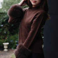 Vente en gros de pulls pour femmes à col rond avec poignets en fourrure de renard, cardigan doux d'hiver