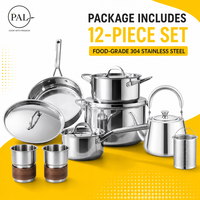 PONEL NOUVEAU Ensemble de cuisine 12 pièces en acier inoxydable 304 avec bouilloire, infuseur, casserole, poêle et tasses à double paroi