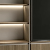 Buffet en panneaux de particules ISO E0 avec placage mélaminé Schattdecor, bordure PVC, éclairage LED, étagère ouverte, quatre portes, gris noyer