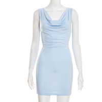 Viviblook D25DS585 – Nouvelle Robe Mini Moulante Sexy pour Femme, Été, Couleur Unie, Col Halter, Décoration Chaîne, Sans Manches, Grand Dos Nu, Taille Élastique