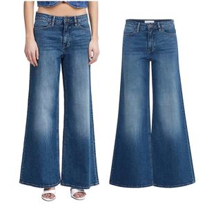 Custom Logo Fashion Washed Luxury <b>Jeans</b> High Waist Women <b>Vintage</b> Medium Blue Wide Led <b>Flare</b> <b>Jeans</b> - Product Image 1