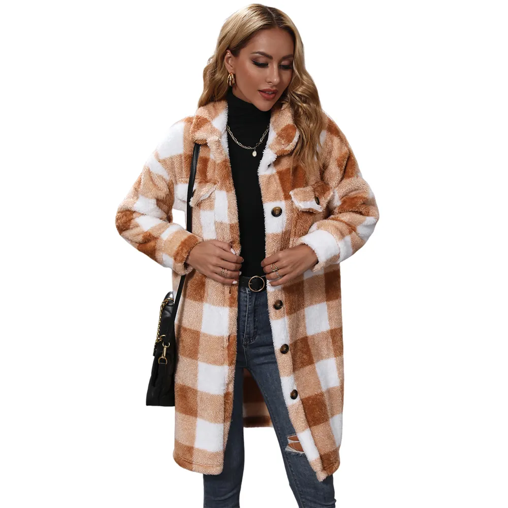 Venta al por mayor 550gsm chaqueta de lana de piel de invierno grueso cálido bolsillo de lana a cuadros peludo de felpa abrigo largo chaqueta de lana para las mujeres