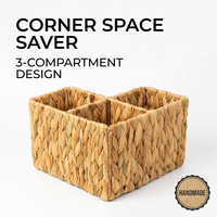 Cesto Organizador de Canto Quadrado Ecológico com 3 Compartimentos, Feito à Mão em Palha Sustentável, 24x24x16cm para Armazenamento em Casa, Escritório e Cozinha