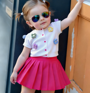 Completo Estivo Due Pezzi per Bambine, Design <span class=keywords><strong>Casual</strong></span> e Carino con Fiori 3D, Top in Cotone e Gonna Plissettata a Maniche Corte - Product Image 1