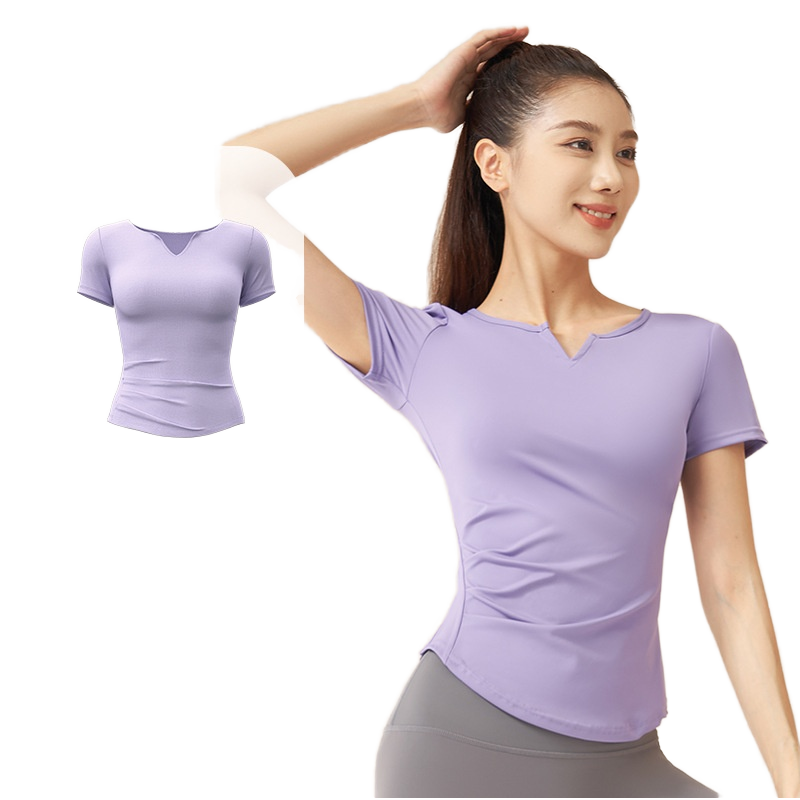 2025 Lightweight Women's V-Neck Casual Fitness Pleated T-Shirt Breathable Short-Sleeved Sport Running Top for Yoga