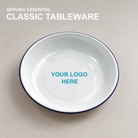 Assiette de table ronde en métal émaillé blanc avec logo personnalisé et bord bleu cobalt pour la marque de restaurant, pique-nique et table.