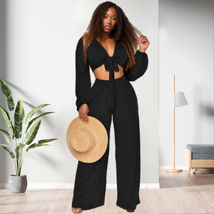 Nuevo Diseño, Ropa de Talla Grande para Mujer, Formal, para Salir, de Color Sólido, Pantalón de Pierna Ancha, Conjunto de 2 Piezas, a la Moda - Product Image 5