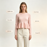 Pull-over décontracté à manches longues en maille fine rose de haute qualité Evelyn Undefined Custom, avec volants, OEM & ODM, pour l'automne