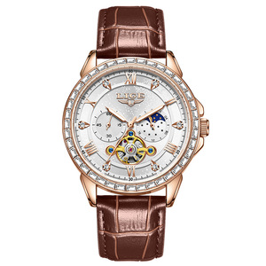 Montre mécanique de luxe pour homme LIGE, chronographe, phase de lune, acier inoxydable, cadran de 44 mm, résistance à l'eau 3 BAR, cuir - Product Image 1